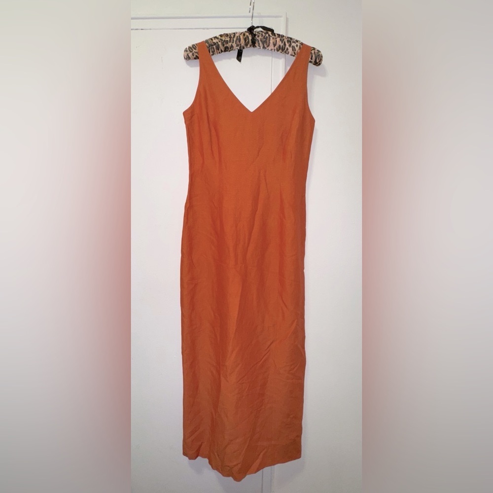 1990s Ann Taylor Linen Blend orange midi dress back slit size 4